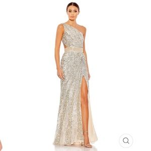 MAC DUGGAL SEQUINED ONE SHOULDER DRAPED LACE UP GOWN